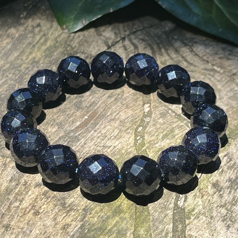 14mm sparkling faceted‎ blue sandstone bracelet